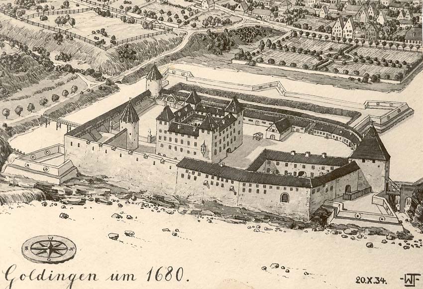 Облик замка 1680 г. по реконструкции В.Фромхолда-Трейя 1934 г.